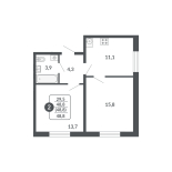 2-комнатная, 48.8 м², жилая: 29.5 м², кухня: 11.1 м²