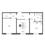 2-комнатная, 67.5 м², жилая: 32.9 м², кухня: 12.4 м²
