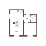 1-комнатная, 49 м², жилая: 13.7 м², кухня: 27.1 м²