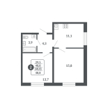 2-комнатная, 48.8 м², жилая: 29.5 м², кухня: 11.1 м²