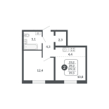 2-комнатная, 39.3 м², жилая: 23.2 м², кухня: 4.4 м²