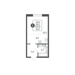 1-комнатная, 26.2 м², жилая: 12.2 м², кухня: 6 м²