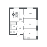 3-комнатная, 57.1 м², жилая: 34.3 м², кухня: 10.4 м²