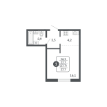 1-комнатная, 27.7 м², жилая: 16.1 м², кухня: 4.2 м²