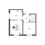 2-комнатная, 48.8 м², жилая: 29.5 м², кухня: 11.1 м²