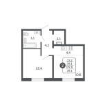 2-комнатная, 39.1 м², жилая: 23.2 м², кухня: 4.4 м²