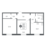 2-комнатная, 67.7 м², жилая: 32.9 м², кухня: 12.4 м²