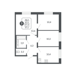 3-комнатная, 57.1 м², жилая: 34.3 м², кухня: 10.4 м²