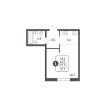 1-комнатная, 27.7 м², жилая: 16.1 м², кухня: 4.2 м²